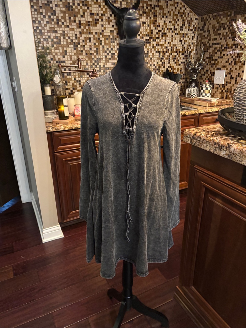 fab'rik Washed Black Lace-Up V-Neck Long Sleeve Tunic